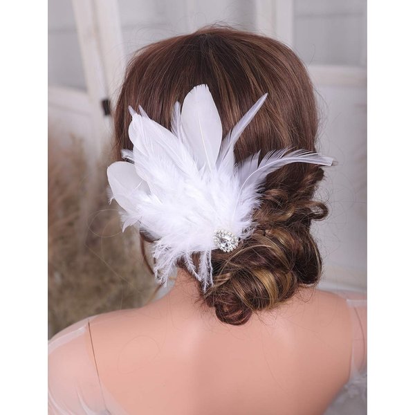 Teyglen 1920s Flapper Feather Headpiece White Feather Hair Clip with Crystal Feather Headband Roaring 20s Feather Accessories Masquerade Party Prom Hair Jewelry for Women Girls