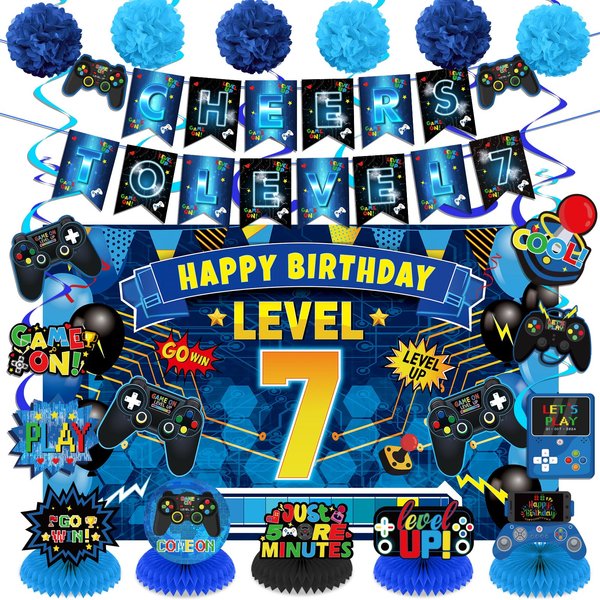 Video Game 7th Birthday Party Decorations Blue Black Happy Birthday Level 7 Banner Backdrop Honeycomb Centerpieces Hanging Swirls Tissue Paper Pompoms Kit for Boy 7 Years Old Game Controller Supplies