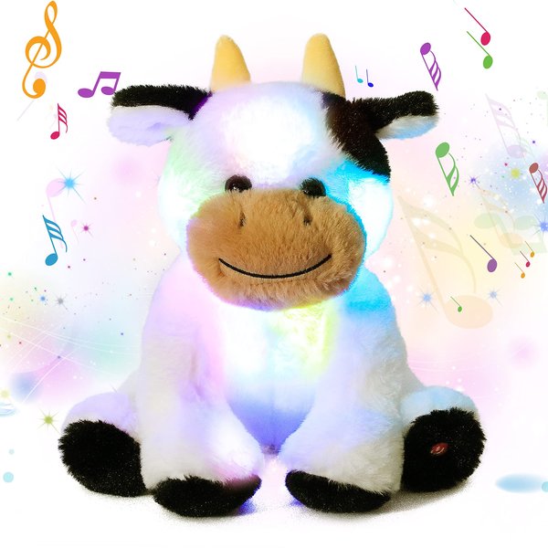 Cuteoy Musical Plush Cow Stuffed Animal Soft Glowing LED Light-up Nightlight Toys Singing Lullabies Birthday Christmas Plushies Gifts for Kids Boys Girls,10"