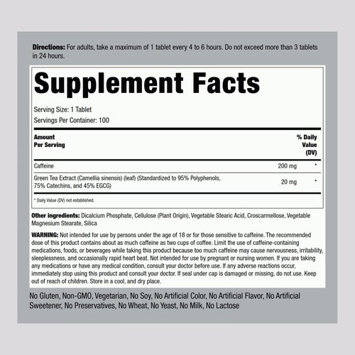 Piping Rock Caffeine Pills 200mg | 100 Tablets | with Green Tea Extract | Vegetarian, Non-GMO, Gluten Free Supplement