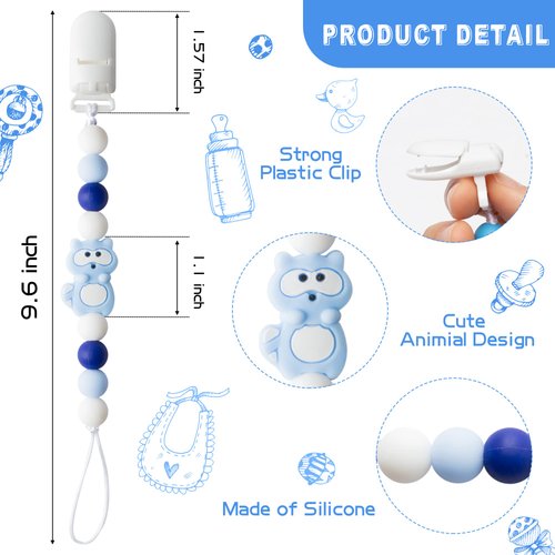 4Pcs Silicone Pacifier Clip for Babies Infant Animal Teething Panda Dinosaur Elephant Raccoon Soothie Toy Teethers Clips for Baby Shower Birthday Keepsake Christmas New Year Gift