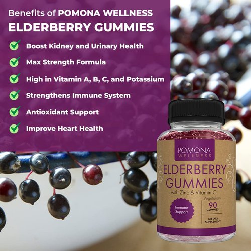 Pomona Wellness Elderberry Gummies with Zinc and Vitamin C for Immune Support 3-1 Chewable Black Elderberry Gummy Supplement for Kids and Adults, Vegan, 90 Gummies