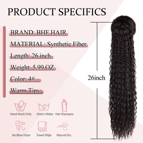 BHF HAIR Ponytail Extension 26 Inch Drawstring Ponytail Clip in Wavy Hair Extensions Curly Synthetic Ponytail Extension for Black women(Dark Brown 6OZ)