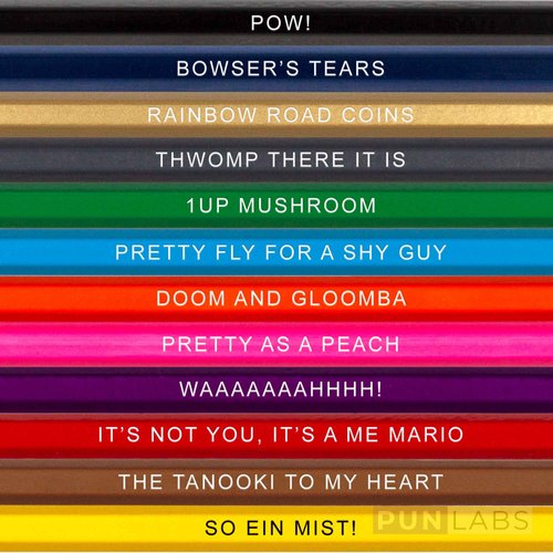 Mario Colos. Colored Pencil Set for Fans | Set of 12 Mario-Inspired Parody Pencils | Each Color Pencil is Foil-Stamped with Clever Game References | Great Gift for Fans & Gamers