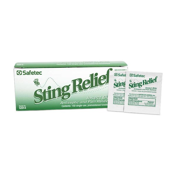 Safetec 242648 Sting Relief Insect Bite Antiseptic and Pain Reliever, Wipes, Pack of 150