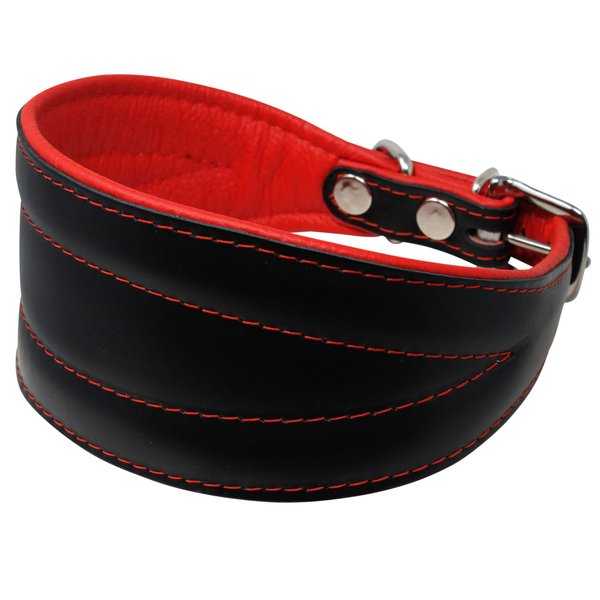 Real Leather Extra Wide Padded Tapered Dog Collar Glossy Black Greyhound Saluki Deerhound Lurcher Whippet Dachshund (13.25"-15.25" Neck; 2.5" Wide, Red)