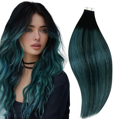 RUNATURE Ombre Teal Tape in Hair Extensions Human Hair 20 Inch Off Black to Blue Tape in Human Hair Extensions Skin Weft Seamless Human Hair Tape in Extensions Colorful Teal Double Sided 50g 20pcs