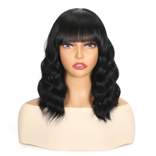 Apoze Short Wig With Bangs For Women,Synthetic Cosplay Bob Wigs,Curly Hair Wigs For Daily Party Use,Natural Looking Heat Resistant Shoulder Length Black Wig