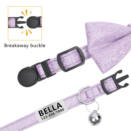 LaReine Personalized Breakaway Cat Collar with Bell & Bow Tie, Stainless Steel Slide-on Pet ID Tag Engraved with Name & Phone Numbers, (Customized - 7"-11" Neck, Bling Purple)