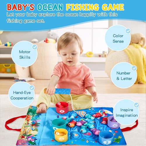 Metyniete Toddler Toys Montessori Toys for 1 2 Year Old Boy Girl Birthday Gift Fabric Fishing Game for Toddlers 1-3 Toys with Stacking Cups Number Counting Color Sorting Shape Learning for Baby Gifts