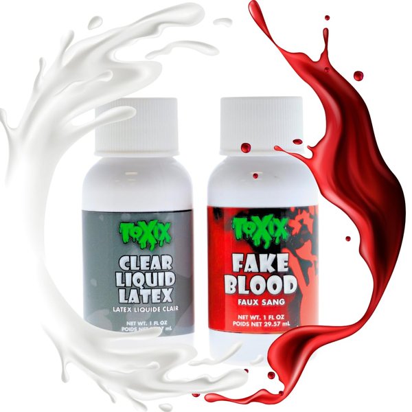 TOXIX Liquid Latex and Fake Blood Kit, 1 fl oz each, Clear Latex and Realistic Red Blood for Special Effects, Halloween Costumes, Scars, Wrinkles, Wounds, Bites, RED/CLEAR