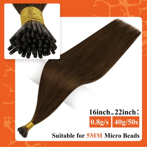 Full Shine I Tip Hair Extensions Real Human Hair Brown Hair Extensions Natural Hair 50s/40g Microbeads Extensions Salon Hair Extensions 18inch