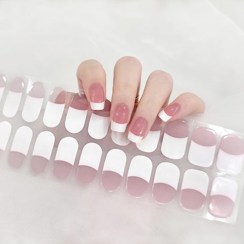 LIFOOST Gel Nail Art Wraps French Tip White Jelly Pink Adhesive Nail Stickers 22 Polish Strips Art Manicure Kits for DIY at Home