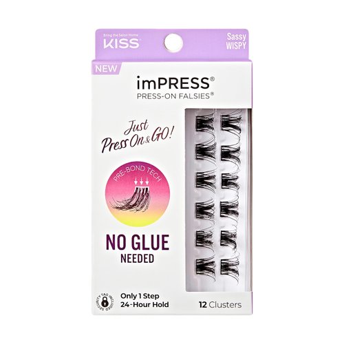 KISS imPRESS False Eyelashes, Lash Clusters, Falsies, Sassy Wispy', 12mm-14mm, Includes 12 pieces of pre-bonded lashes, Contact Lens Friendly, Easy to Apply, Reusable Strip Lashes