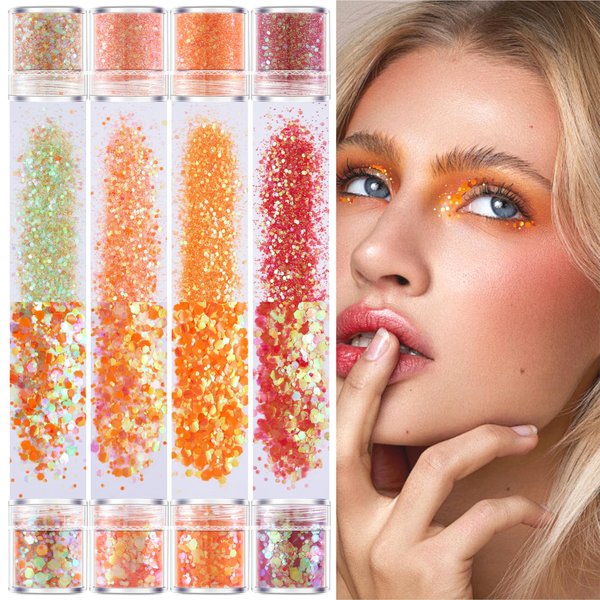 GABOX 8 Jars Sunset Orange Cosmetic Chunky Glitter Set, Holographic Nail Resin Glitter, Fine Powder+1mm+2mm+3mm Sequins Flakes, Iridescent Art Glitter Set for Body Face Eyes Hair Crafts