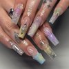 QQPPOLIU Long Press on Nails Coffin Shape 3D Fake Nail Glue on Acrylic Nails French Artificial Nails with Butterfly and Pearl Design Chrome Push on Nails for Women and Girls 24 Pcs