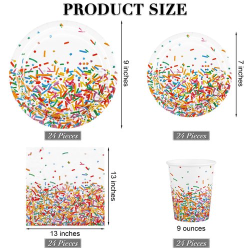 durony 97 Pieces Confetti Sprinkles Tableware Set Disposable Tablecloth Paper Cups Dessert Plates Beverage Napkins for Party Decorations Wedding Birthday Party Favors