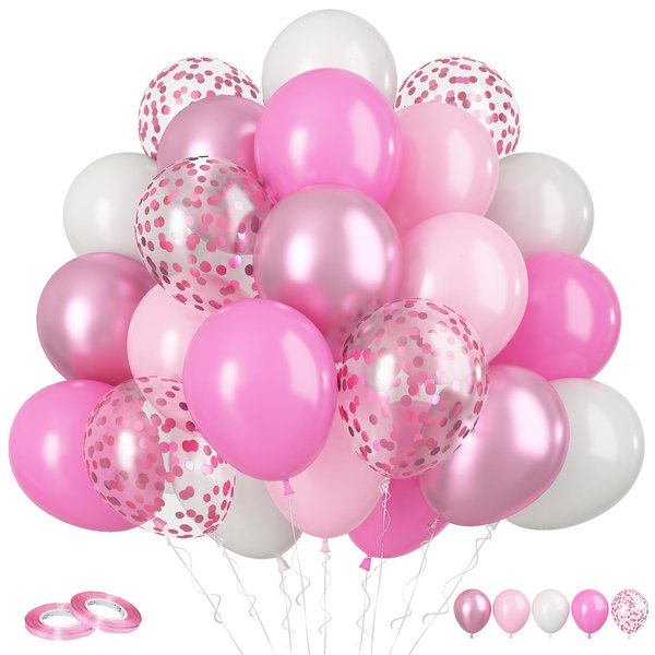 FunHot Pink Balloons, 60Pcs Pastel Pink Pearl White Latex Balloons, 12 Inch Metallic Pink Confetti Balloons Helium for Girls Princess Birthday Baby Shower Wedding Party Decorations