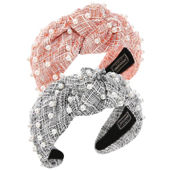 QIANXUAN Wide Hair Bands For Women Fashion White Pearl Headbands For Women Top Knot Headband For Girl (2psc Knot Headband1)