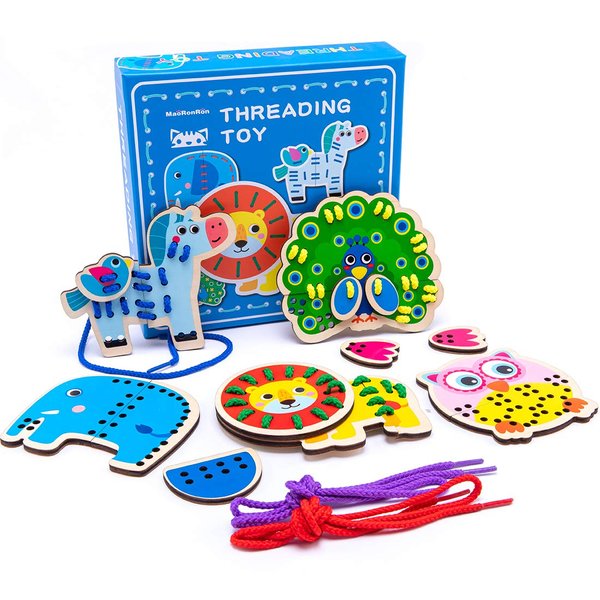 Promise Babe 5 Pack Animals Lacing Cards Wooden Puzzle Threading Toys Montessori Sewing Cards for Toddler Early Learning Fine Motor Skills Preschool Toys…