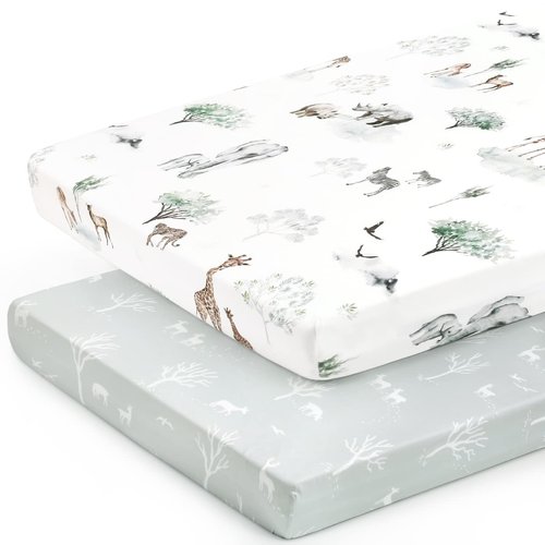 Stretch Ultra Soft Jersey Knit Fitted Pack n Play Sheets Set 2 Pack, Portable/Mini Crib Sheets for Boys and Girls, Pretty African Savannah Animals Pattern