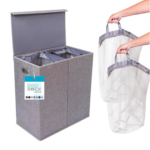 Double Laundry Hamper with Lid | Removable mesh bags | Dual Compartment Clothes Hamper | Grey