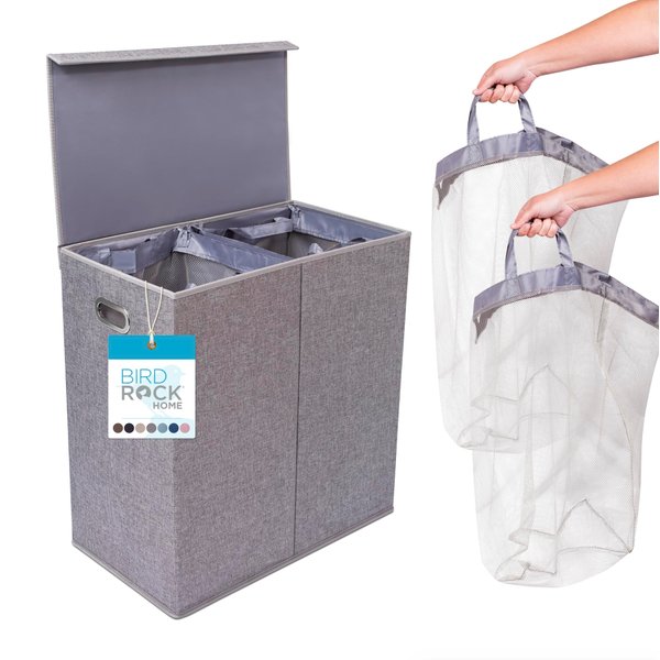 Double Laundry Hamper with Lid | Removable mesh bags | Dual Compartment Clothes Hamper | Grey
