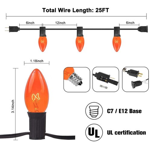 C9 Christmas Orange String Lights, 25Ft Vintage Christmas Lights with 26 Clear Orange Bulbs (1 Spare), Connectable Outdoor String Lights for Patio Xmas Tree Party Thanksgiving Christmas Decorations