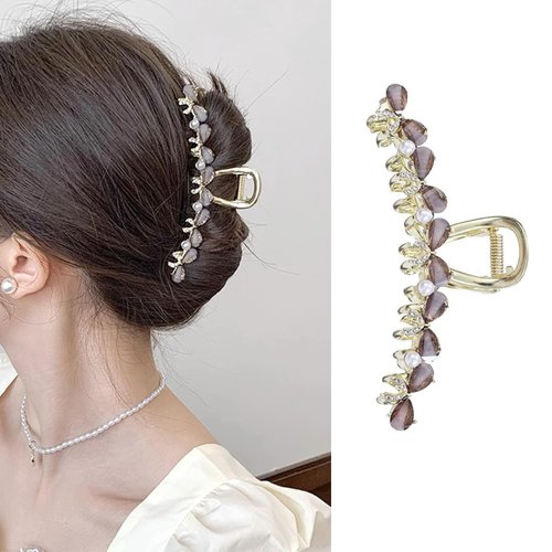 Bows Hair Clips Gold Metal Hair Accessories for Women Girls Sweet Dark Grey Bows Pearls Hair Claw Clips Shiny Gems Hairpins Strong Hold Nonslip Hair Clip for Thick or Thin Hair Decoration 1 Pcs