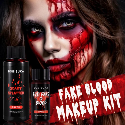 BOBISUKA 2PCS Halloween Fake Blood Makeup Kit - Includes Washable Realistic Fresh Squirt Liquid Blood, Dark Coagulated Blood Gel, For Zombie Vampire Scary Clown Monster Clothes Cosplay SFX Special Eff