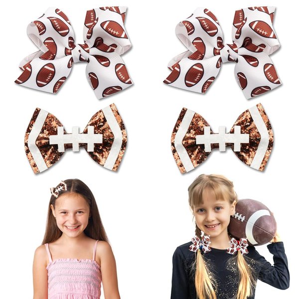 4 Pack American Football Hair Bows Clips Football Faux Leather Bowknot Hair Clips Boutique Grosgrain Ribbon Hair Pins for Girls Women Super Bowl Party Sports Game Costume Hair Accessories Supplies