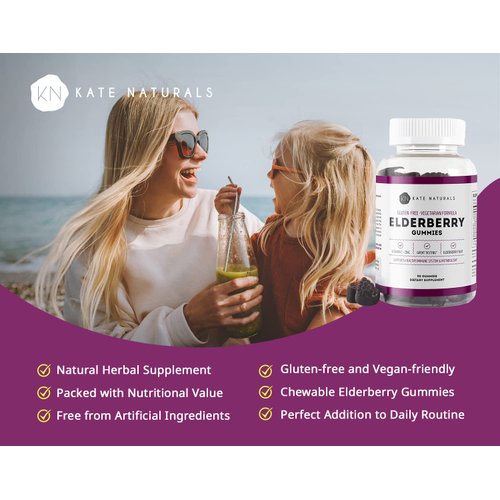 Kate Naturals Elderberry Gummies with Zinc and Vitamin C for Adults & Kids (90 Gummies, 45 Days Supply) Tasty Immune Support Gummies with Immunity Vitamins