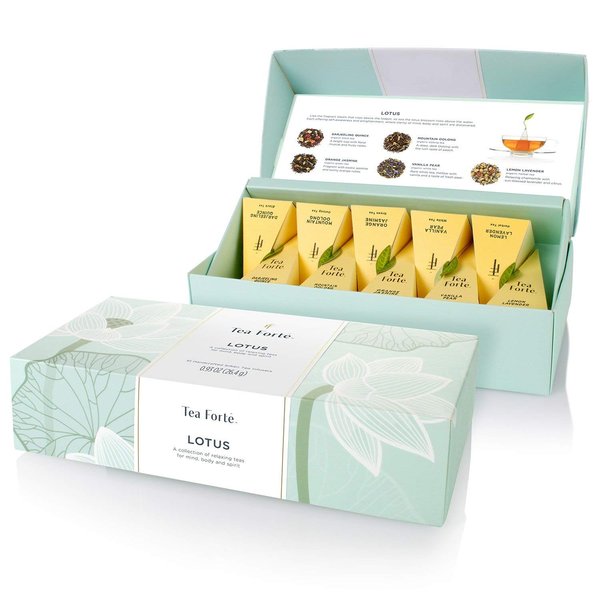 Tea Forte Lotus Relaxing Organic Tea, Petite Presentation Box, Sampler Gift Set With Handcrafted Pyramid Infuser, 10 Count (Pack of 1)