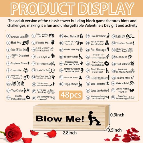 donciety Lust Tower Blocks, 48Pcs Wooden Tumble Tower Game Couples Games for Adults Valentine Tumbling Tower Stacking Blocks Game Stacking Wooden Block Game for Grown Ups (1 Set)