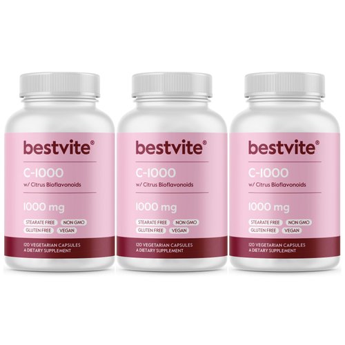 BESTVITE Vitamin C 1000mg (360 Vegetarian Capsules) (120 x 3) with Citrus Bioflavinoids - No Stearates - Vegan - Non GMO - Gluten Free