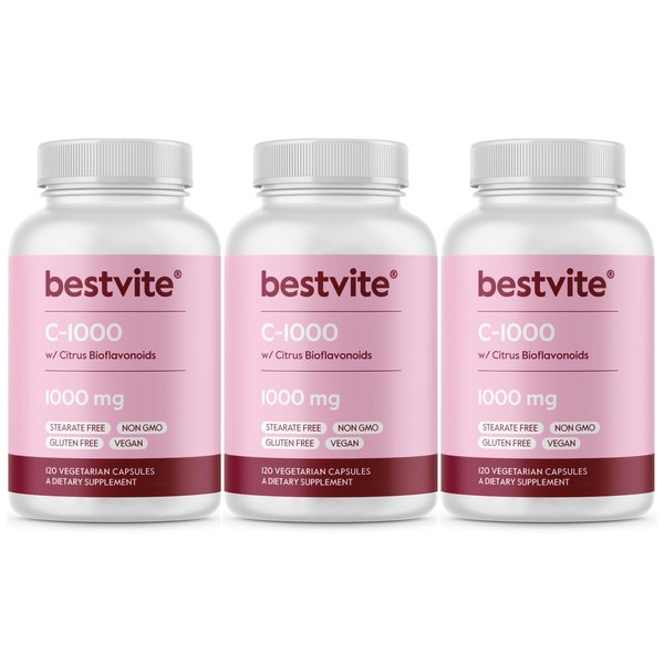 BESTVITE Vitamin C 1000mg (360 Vegetarian Capsules) (120 x 3) with Citrus Bioflavinoids - No Stearates - Vegan - Non GMO - Gluten Free