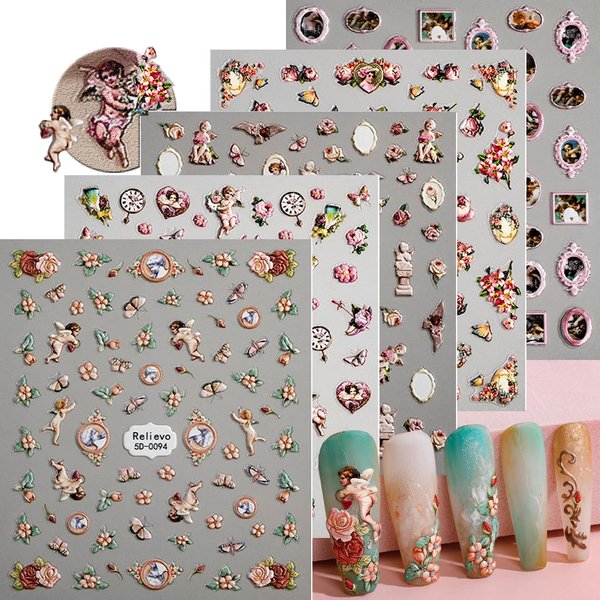 Zoance Embossed Angel Nail Stickers, 5D Stereoscopic Self-Adhesive Flower Baby Nail Art Decals Baroque Nail Art Stickers Nail Art Design, Nail DIY Manicure Decoration for Women Girls