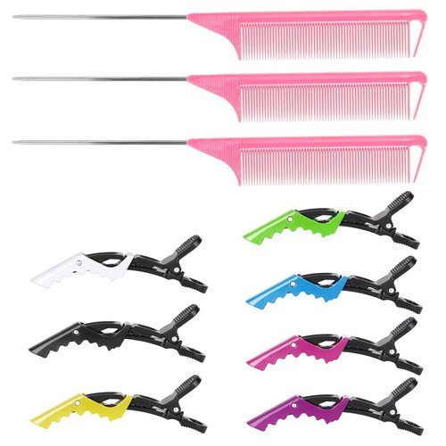 10Packs Rat Tail Combs Hair Clips Set，3Pcs Rat Tail Comb，Parting Comb and 7Pcs Alligator Styling Sectioning Clips of Professional Hair Salon Quality(Pink)