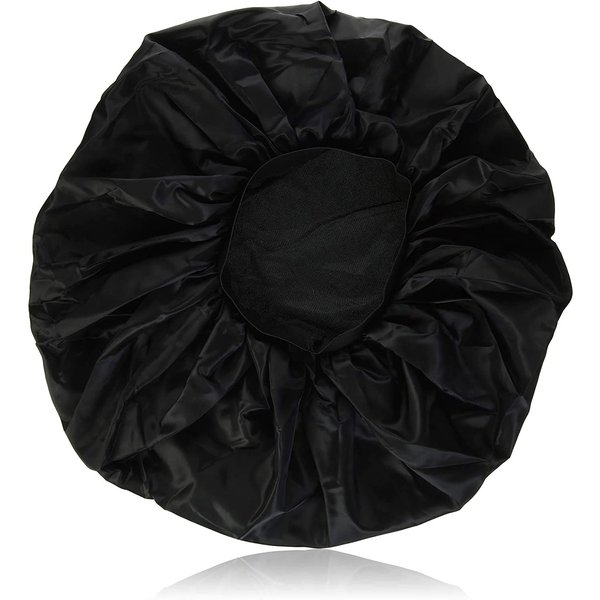 Annie - Ms. Remi Silky Satin Double Cotton - Lined Day and Night Cap - Comfort Elastic Band (Extra Jumbo - Black)