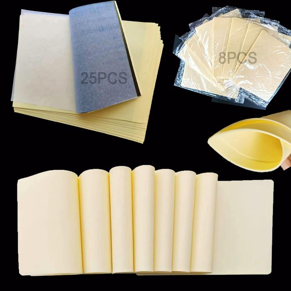 33PCS Fake Skin and Stencil Paper, 8PCS 2mm Thick Blank Silicone Tattoo Practice Skin&25 PCS Tattoo Transfer Paper, Soft Double Sided Tattoo Practice Skin Transfer Paper for Tattoo Practice Supplies