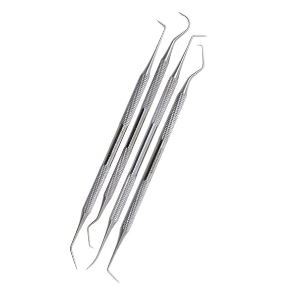 4 Dental Scalers Double Ended Probes for Professional Teeth Cleaning Calculus Plaque & Tartar Remover - Made of Stainless Steel for Oral Care with Knurled Handle, Different Double Ended Picks