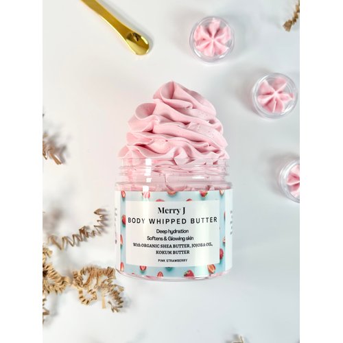 MerryJskin Body Whipped Butter Cream, Gift for her, Pink strawberry scented, great gift. 6 oz. Hydrating Formula, Soften & Prevent Scars, Stretch Mark Cream, Birthday gift, Shea butter, Jojoba oil