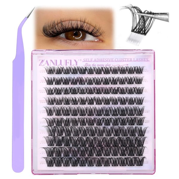 Self Adhesive Lash Clusters Press on Eyelash Clusters zanlufly Natural No Glue DIY Eyelash Extension D Curl Wispy Eyelash Extensions with Lash Applicator(8-16MM)