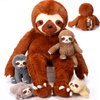 Kasyat 5 Pcs Sloth Plush Toy Set 13 Inch Mommy Sloth Stuffed Animal with 4 Cute Baby Sloth Plushies in Zippered Belly for Kids Birthday Gifts Home Decors Baby Shower Party Favors(Brown)