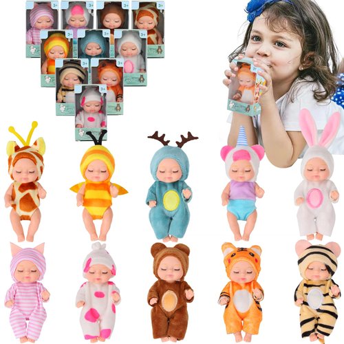 Vueos 10 Pcs 4 Inch Mini Reborn Baby Dolls Set Cute Small Baby Doll with Handmade Animal Clothes - Baby Doll Giftbox Gifts for Girls Boys