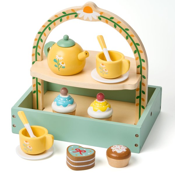 19 Pcs Wooden Tea Party Set for Toddlers - Pretend Play Tea Party Toys with Dessert and Cupcake Stand for Ages 3 4 5 6