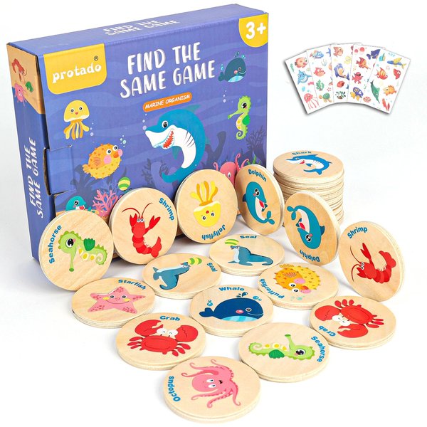Protado Wooden Match Memory Game for Kids, 24Pc Memory Matching Cards with 5Pc Tattoo Stickers, Educational Memory Matching Game for Pre-Kindergarten Early Learning Development Kids (Marine Animal)