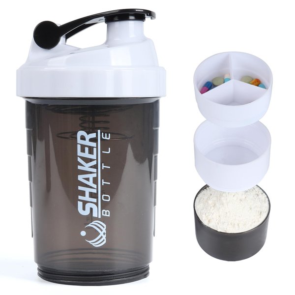 VIGIND Protein Shaker Bottle,Sports Water Bottle,Leak Proof Shake Bottle For Protein Mixer,Non Slip 3 Layer Twist Off 3oz Cups with Pill Tray,Workout Shaker Bottle 16oz,White