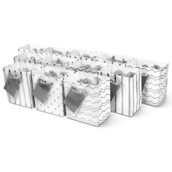 OccasionALL 4x2.75x4.5 12 Piece Mini Gift Bags with Handles, Assorted Print Metallic Silver & White Mini Gift Card Bags for Birthday, Wedding, Favors
