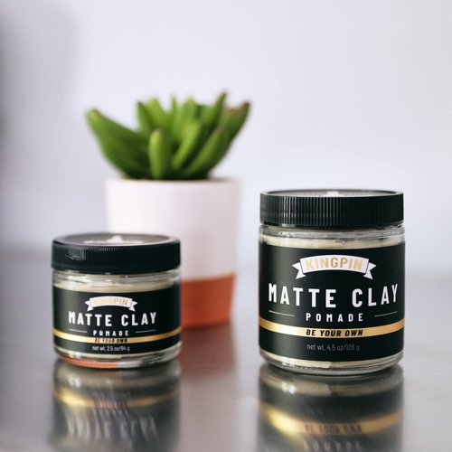 KINGPIN Matte Clay Pomade Hydrating hair clay for men. Medium, flexible hold and natural matte finish. Never flakes or hardens, fresh clean scent. Great for all hair types 2.5 oz. (Travel Size)